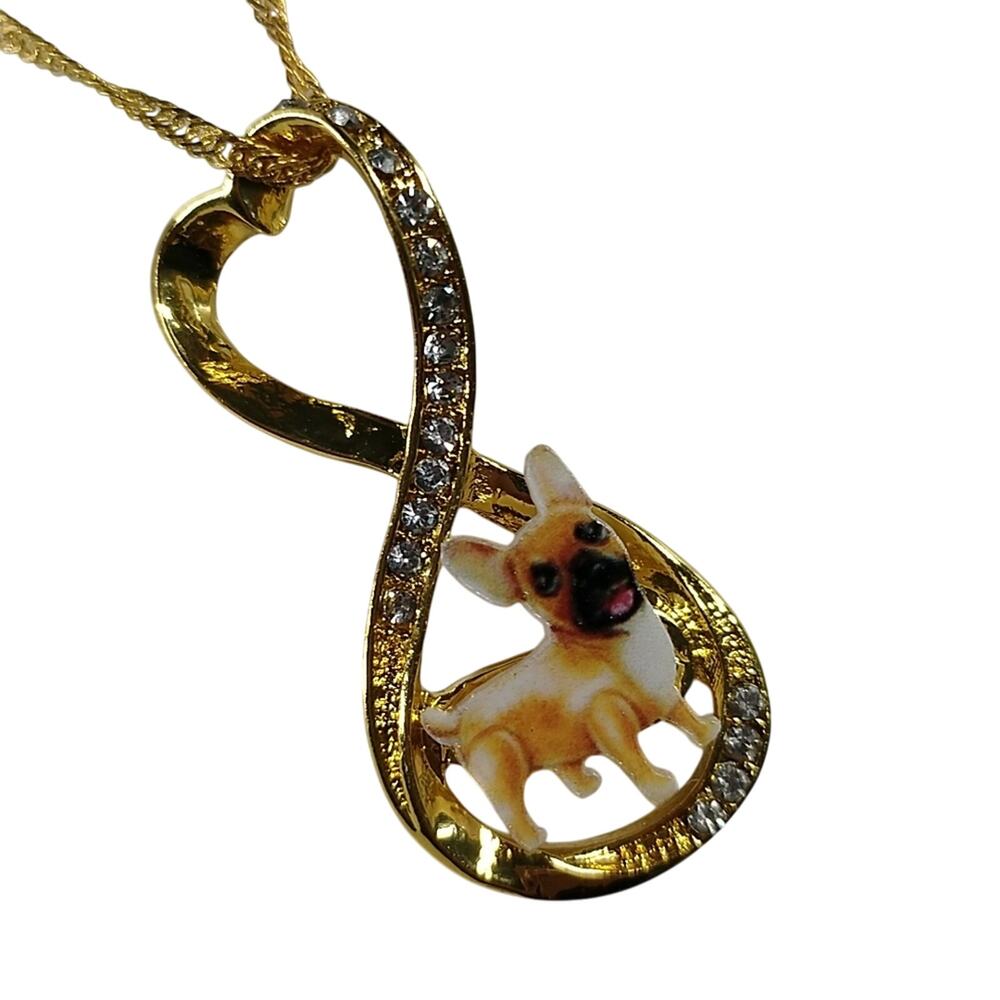 NWOT French Bulldog Necklace Gold Plated Infinity Heart Charm Dog Pendant